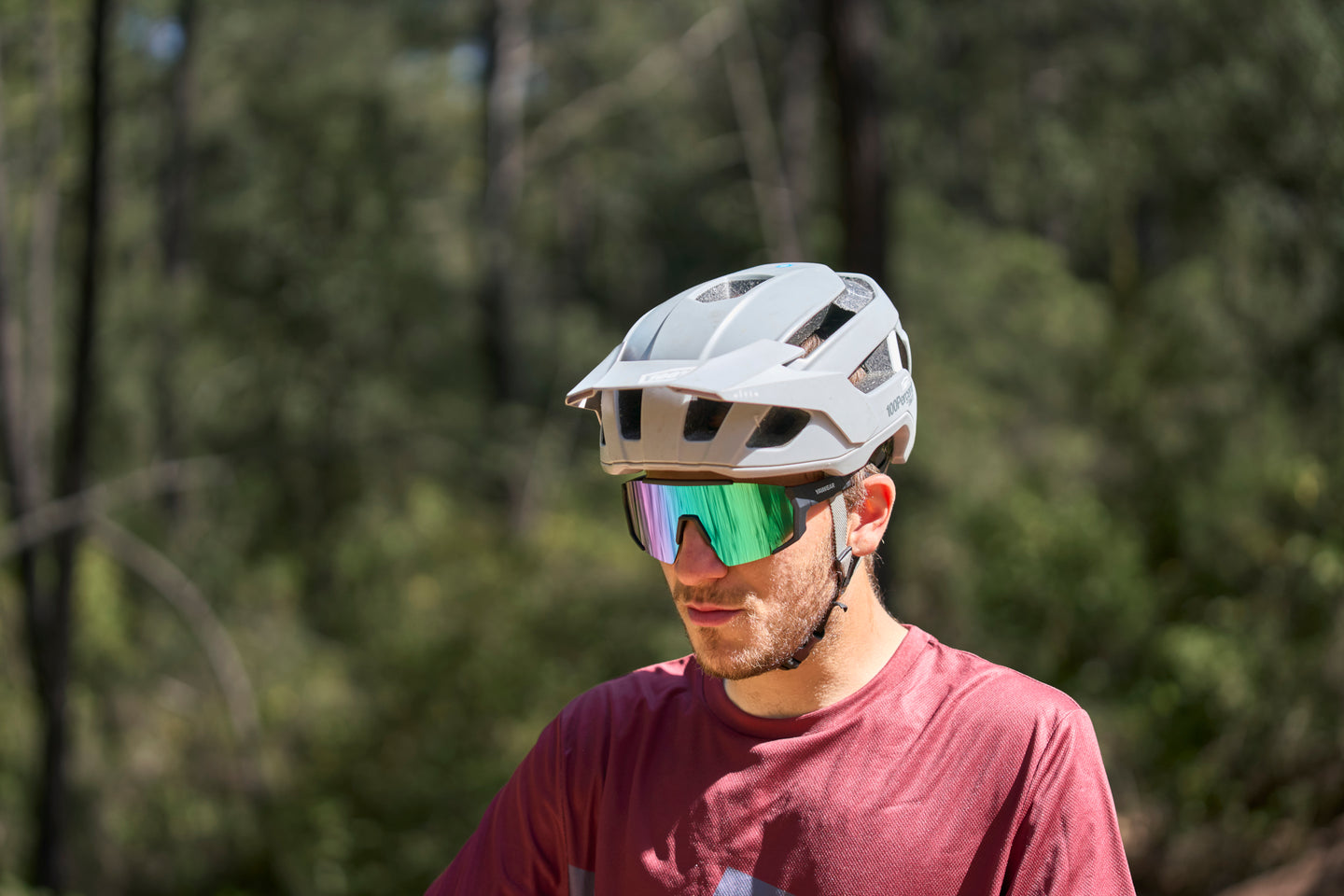 Cyclist wearing iridescent sports sunglasses